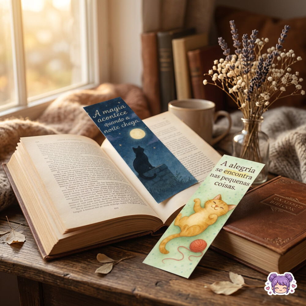 Marcadores de página com gatos fofos e frases inspiradoras.
