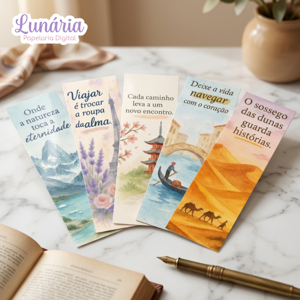 Marcadores de página com paisagens do mundo em aquarela e frases
