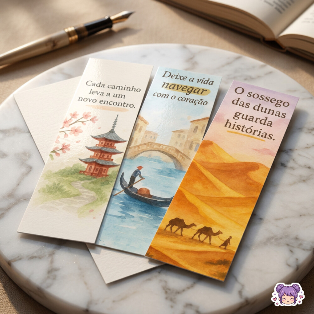 Marcadores de página com paisagens do mundo em aquarela e frases