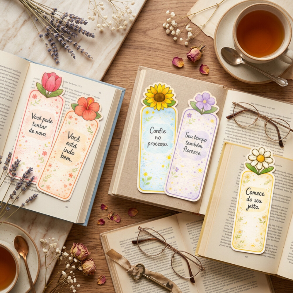 Marcadores de página florais com frases motivacionais PDF PNG