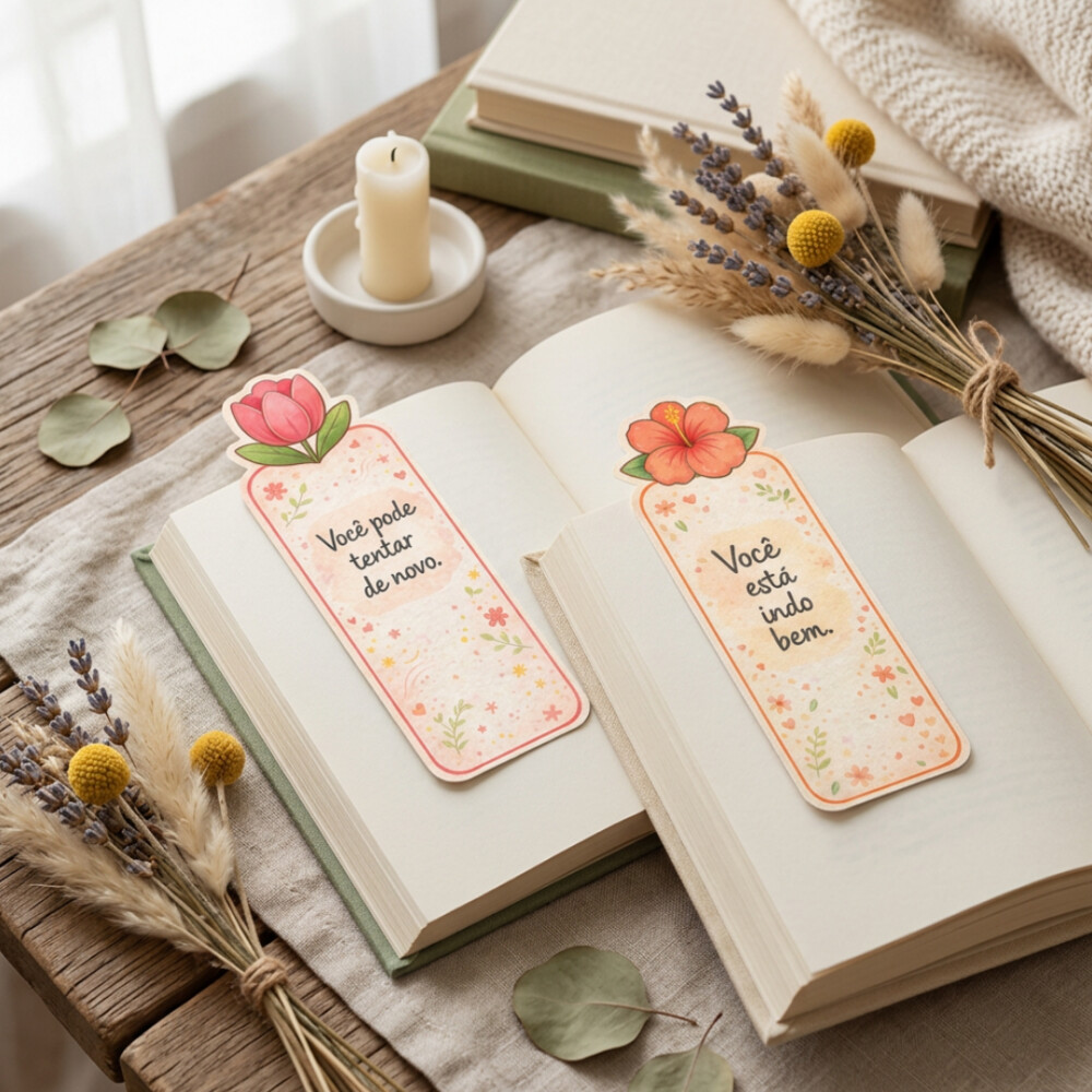 Marcadores de página florais com frases motivacionais PDF PNG
