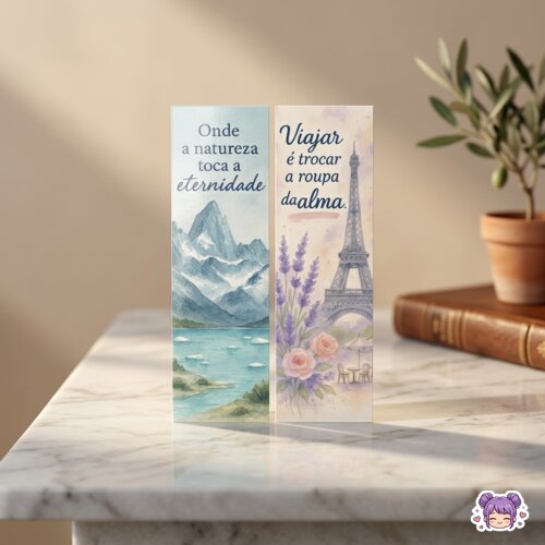 Marcadores de página com paisagens do mundo em aquarela e frases