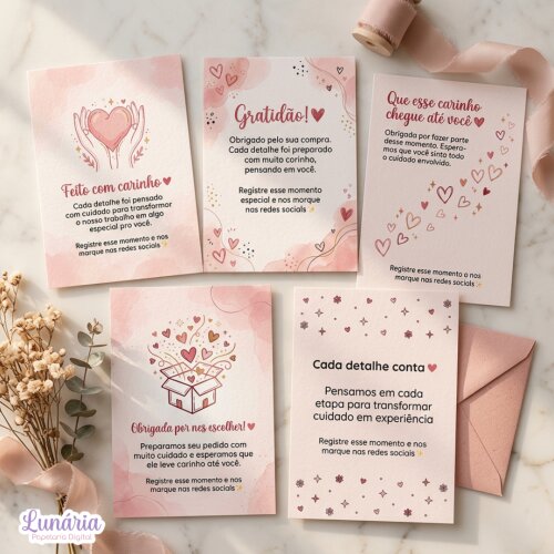 Cartões de Agradecimento para Clientes | Kit Digital Rosa PDF PNG para Imprimir