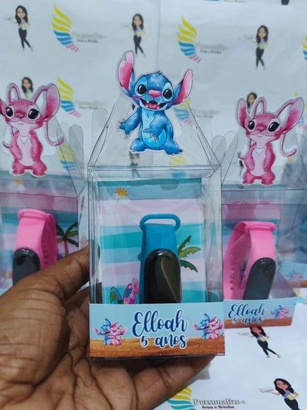Relógio na Cx. de Acetato Lembrançinhas Stitch e Angel