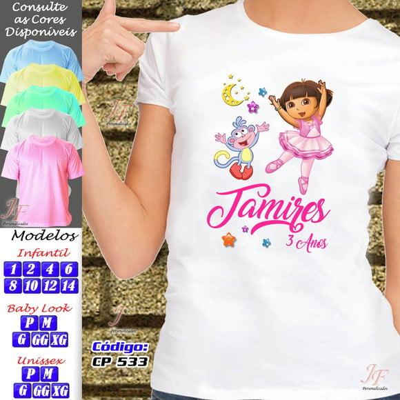01 Camiseta Adulto Infantil Dora Aventureira Personalizada