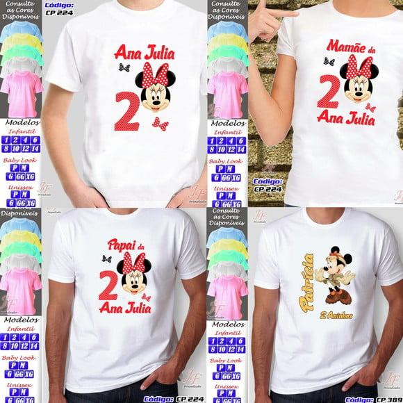 01 Camiseta Adulto Infantil Minnie Vermelha Personalizada