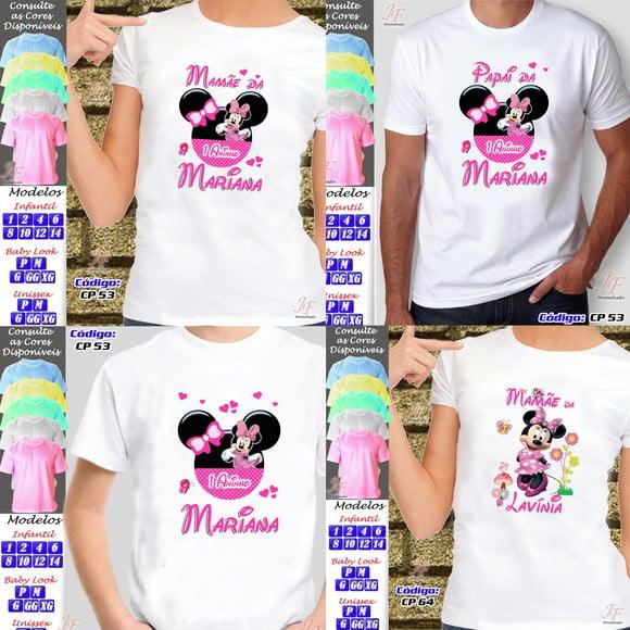 01 Camiseta Adulto Infantil Personalizada Minnie Rosa