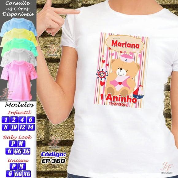 01 Camiseta Adulto Infantil Personalizada Ursinho Marinheiro
