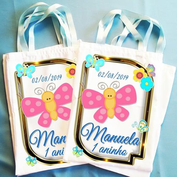 Bolsinha Ecobag Sacolinha Personalizada Flores e Borboletas