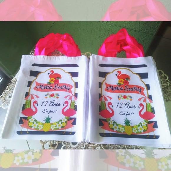 Bolsinha Ecobag Sacolinha Personalizada Tema Flamingos