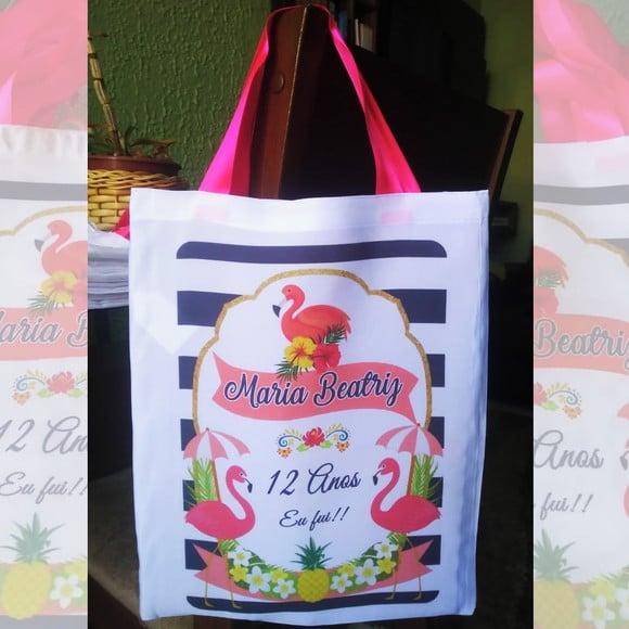 Bolsinha Ecobag Sacolinha Personalizada Tema Flamingos