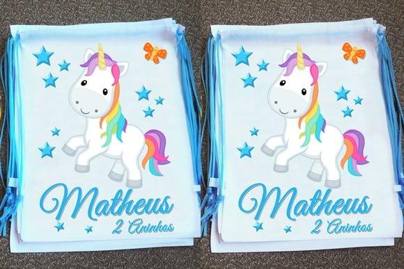 Mochilinha Ecobag Sacochila Personalizada Unicórnio Meninos