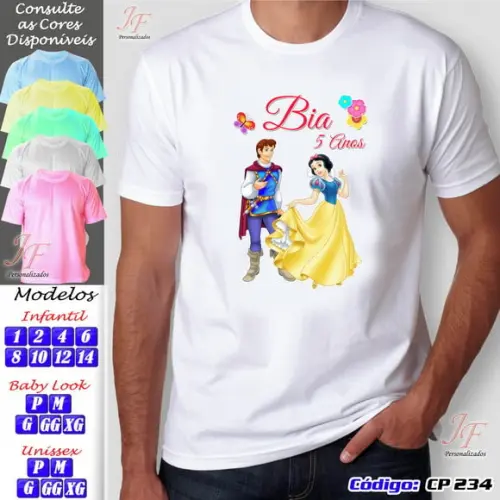 01 Camiseta Adulto Infantil Branca de Neve Personalizada