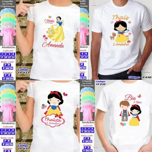 01 Camiseta Adulto Infantil Branca de Neve Personalizada