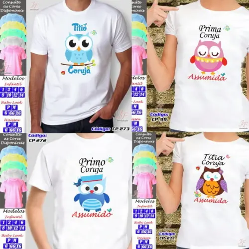 01 Camiseta Adulto Infantil Coruja Personalizada