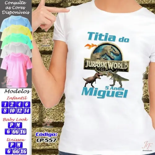 01 Camiseta Adulto Infantil Dinossauro Personalizada