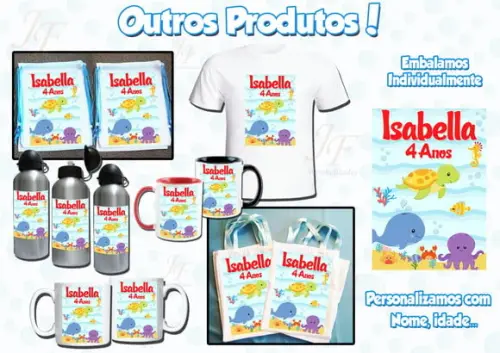01 Camiseta Adulto Infantil Fundo do Mar Personalizada