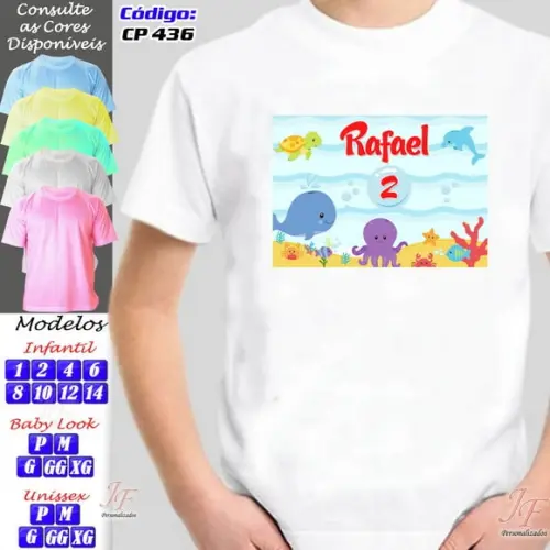 01 Camiseta Adulto Infantil Fundo do Mar Personalizada