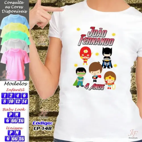 01 Camiseta Adulto Infantil Liga da Justiça Personalizada