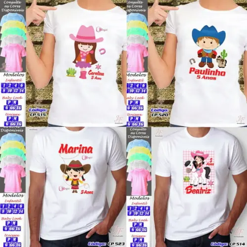 01 Camiseta Adulto Infantil Personalizada Cowboy Cowgirl