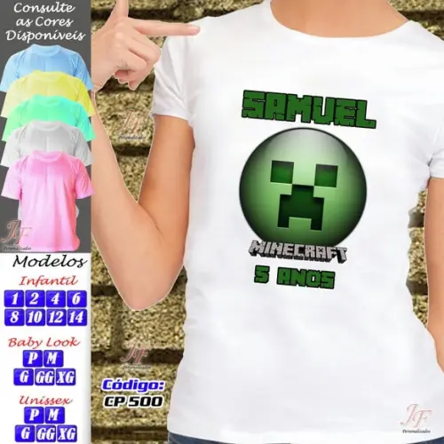 01 Camiseta Adulto Infantil Personalizada Minecraft