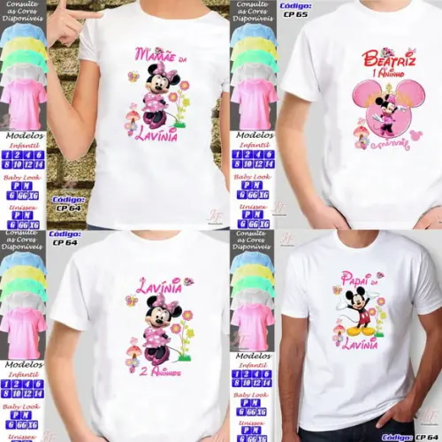 01 Camiseta Adulto Infantil Personalizada Minnie Rosa
