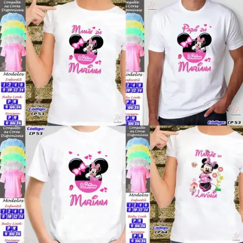 01 Camiseta Adulto Infantil Personalizada Minnie Rosa