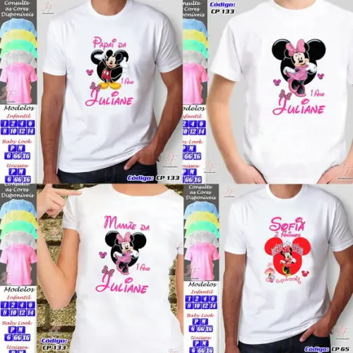 01 Camiseta Adulto Infantil Personalizada Minnie Rosa