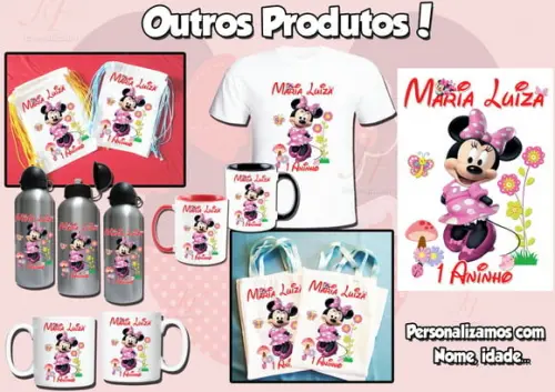 01 Camiseta Adulto Infantil Personalizada Minnie Vermelha