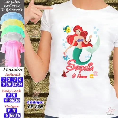 01 Camiseta Adulto Infantil Personalizada Pequena Sereia