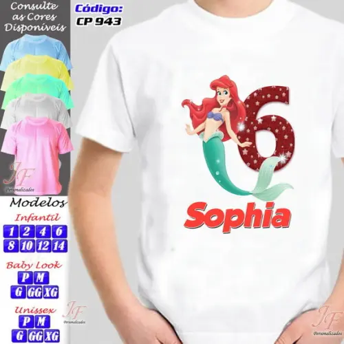 01 Camiseta Adulto Infantil Personalizada Pequena Sereia