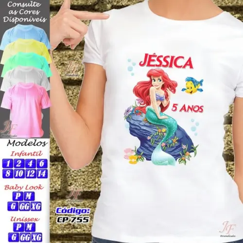 01 Camiseta Adulto Infantil Personalizada Pequena Sereia