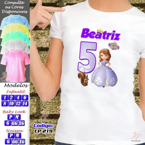 01 Camiseta Adulto Infantil Personalizada Princesa Sophia