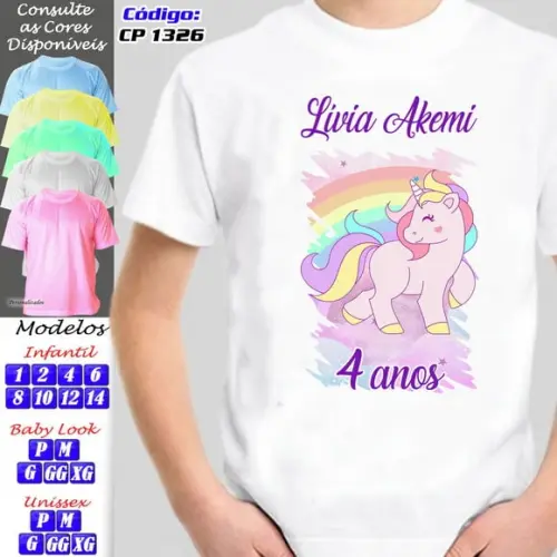 01 Camiseta Adulto Infantil Personalizada Tema Unicórnio