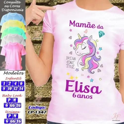 01 Camiseta Adulto Infantil Personalizada Tema Unicórnio