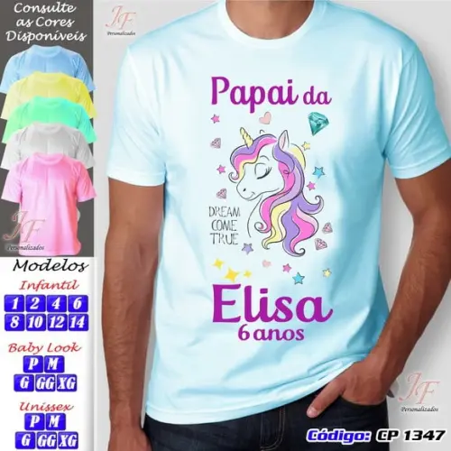 01 Camiseta Adulto Infantil Personalizada Tema Unicórnio