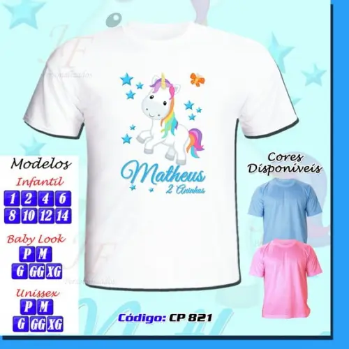 01 Camiseta Adulto Infantil Personalizada Unicórnio Meninos
