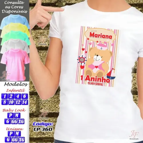01 Camiseta Adulto Infantil Personalizada Ursinho Marinheiro