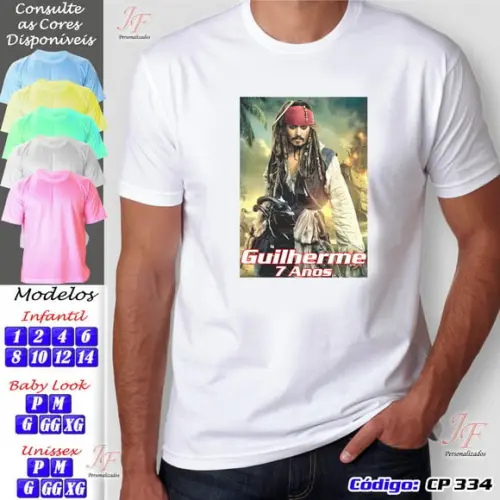 01 Camiseta Adulto Infantil Piratas do Caribe Personalizada