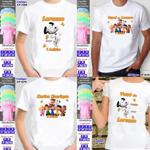 01 Camiseta Adulto Infantil Snoopy Personalizada