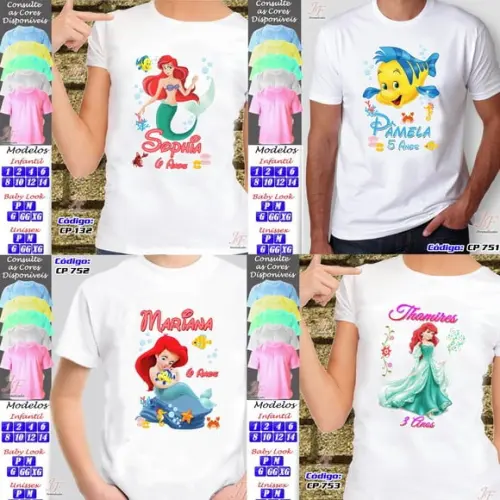 01 Camiseta Ariel Pequena Sereia Personalizada