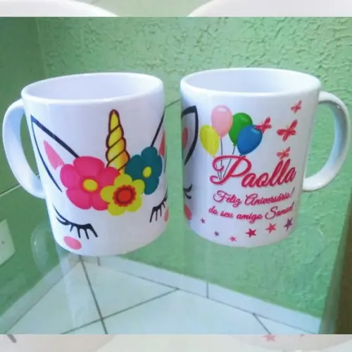 01 Caneca em Cerâmica Branca 350 ml Personalizada Unicórnio