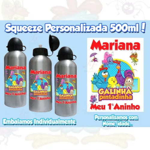 01 Squeeze Alumínio 500 Ml Personalizada Galinha Pintadinha