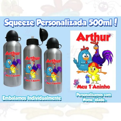 01 Squeeze Alumínio 500 Ml Personalizada Galinha Pintadinha