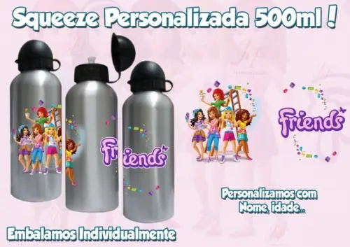 01 Squeeze Garrafinha 500 ml Personalizada Lego Friends