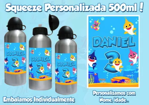 01 Squeeze Garrafinha Alumínio Personalizada Baby Shark
