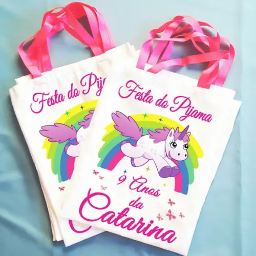 Bolsinha Ecobag Personalizada Festa do Pijama Unicórnio