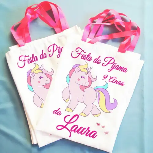 Bolsinha Ecobag Personalizada Festa do Pijama Unicórnio