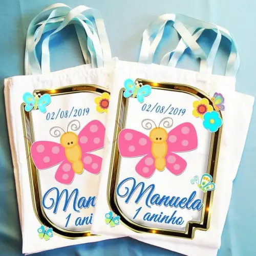 Bolsinha Ecobag Sacolinha Personalizada Flores e Borboletas