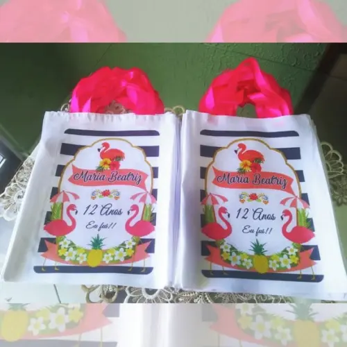 Bolsinha Ecobag Sacolinha Personalizada Tema Flamingos